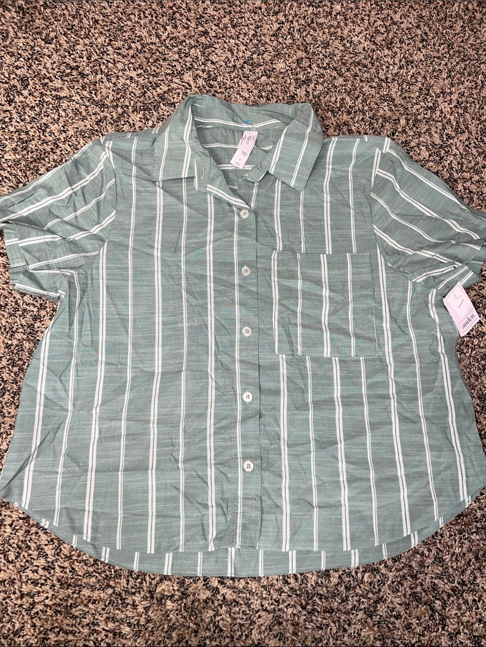 Auden Woman’s Short-Sleeve Striped Button-Up Lounge Shirt - Sage Green M NWT